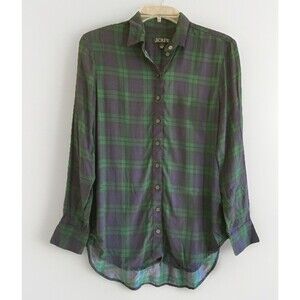 J Crew Women's Size S Heritage Preppy Boy Fit Green Tartan Plaid Silky Shirt